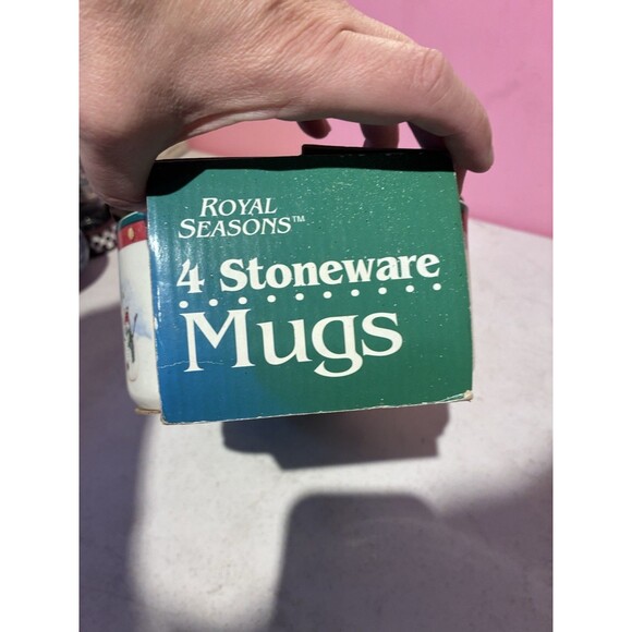 Royal Seasons Stoneware Snowmen Mugs 3 1/8" Set Of 4 Red Rim RN1 Snowflakes - Picture 3 of 5